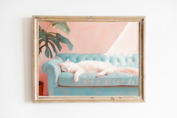 White Cat Sleeping on Turquoise Sofa Pastel Tropical Palm Poster