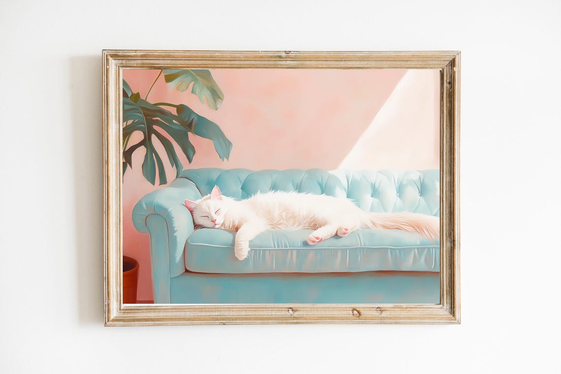 White Cat Sleeping on Turquoise Sofa Pastel Tropical Palm Poster