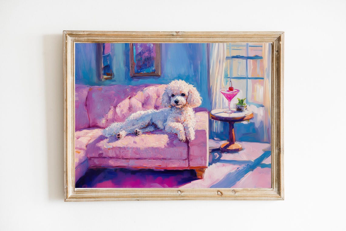 White Poodle with a Cherry Cosmo on a Pink Sofa Painting Wall Art