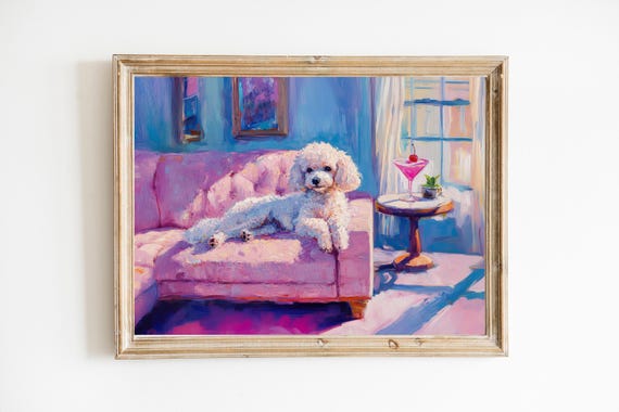 Mini White Poodle With Cherry Cosmo Art Print Cocktail Bar Cart Decor Girly Pink Wall Cute Quirky Whimsical
