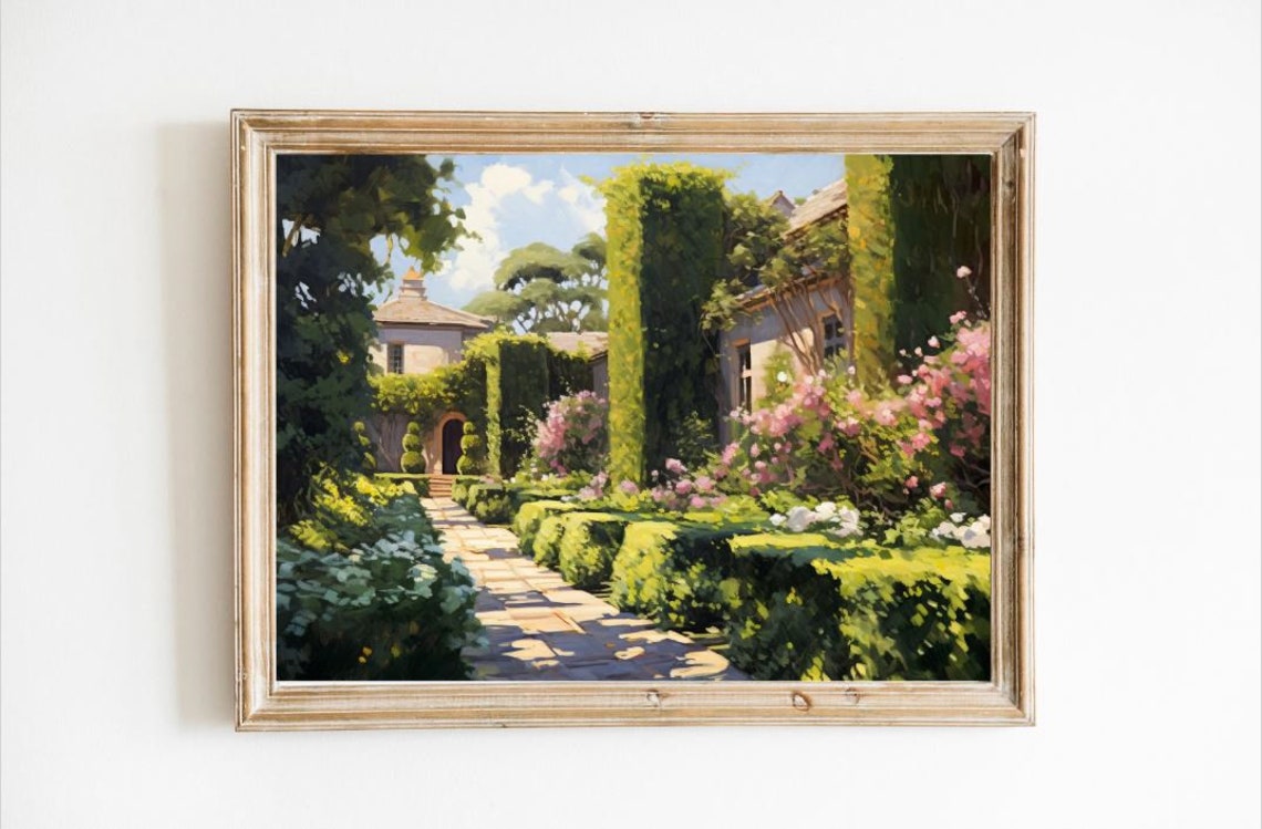 French Country Villa Rose Garden Pathway Vintage Oil Painting Wall Art