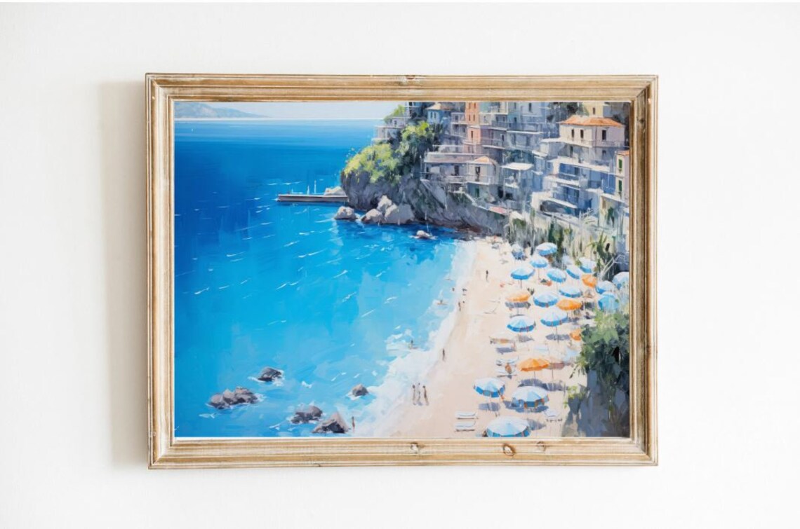 Amalfi Coast Italian Seaside Cliffs Umbrellas Oil Painting Poster
