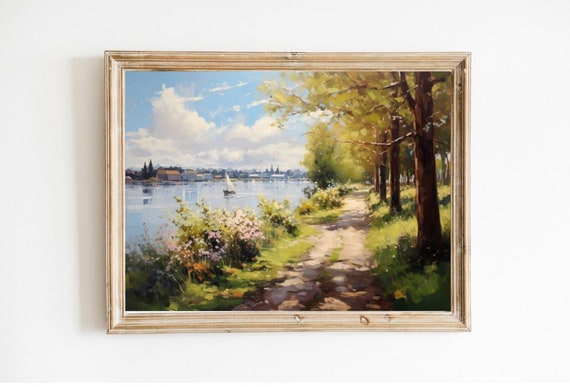 Vintage Inspired European River Canal Bike Path Soft Tone Oil Painting Wall Art Fine Print