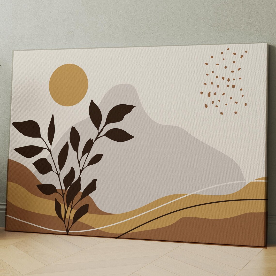 Abstract Boho Sun Leaves Hills Neutral Tones Minimalist Wall Art