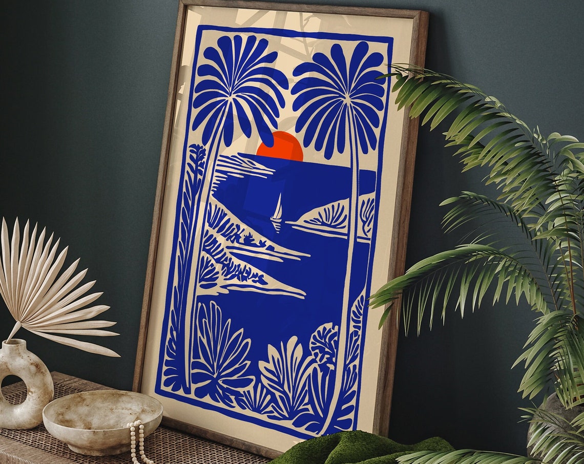 Tropical Sunset Sailboat Blue Linocut Style Coastal Scene Poster