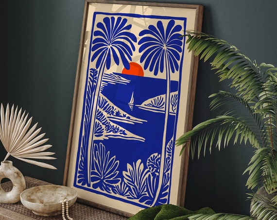Tropical Sunset Print Nautical Style Palm Trees Sailing Boat Print Vintage Landscape Poster Coastal Home Decor Ocean View Wall Art