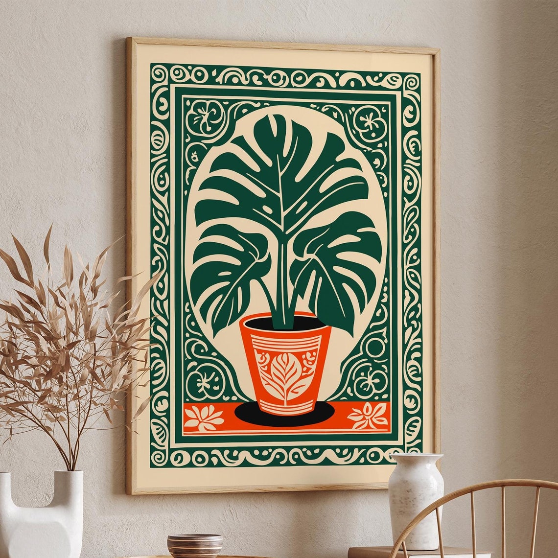 Bohemian Monstera in Terracotta Pot with Ornamental Border Print