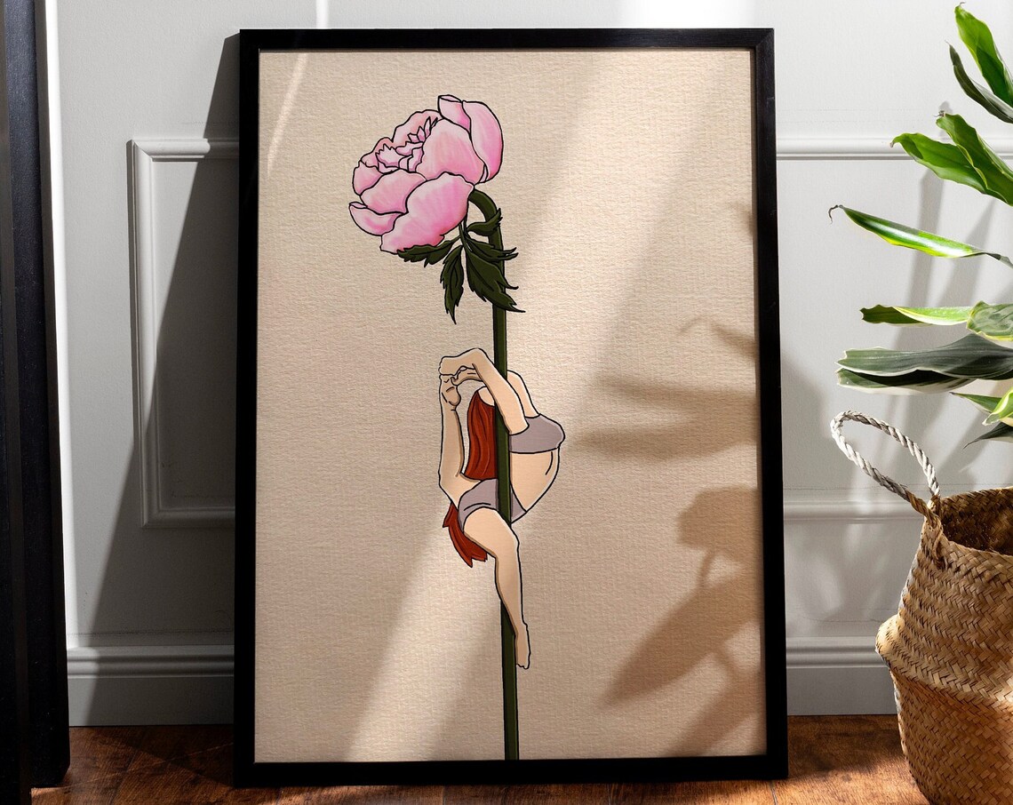Redhead Pole Dancer Pink Peony Flower Stem Minimalist Art Poster