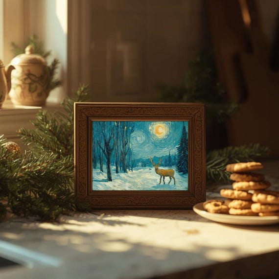 Deer In Moonlit Snowy Forest Starry Night Oil Style Winter Poster