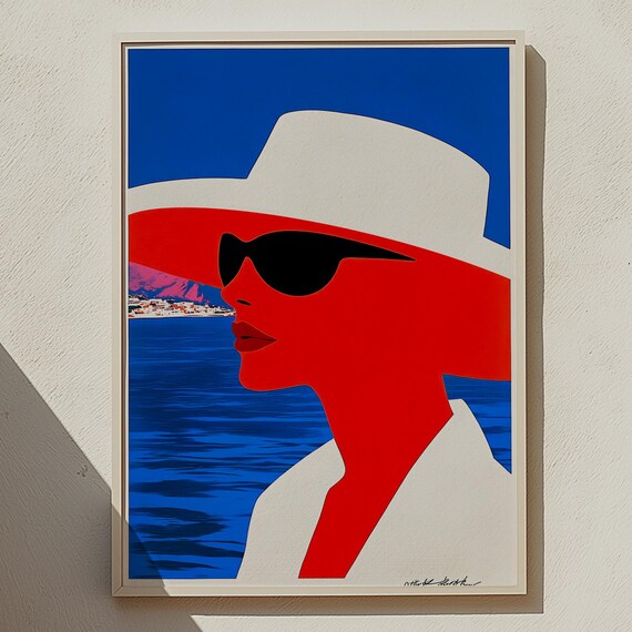 Retro Pop Art Woman in Sunglasses White Hat Blue Coast Poster