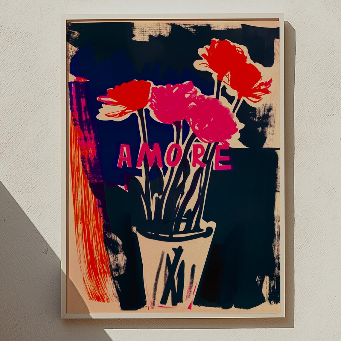 Amore Bold Pink Red Flowers Modern Abstract Floral Love Art Poster