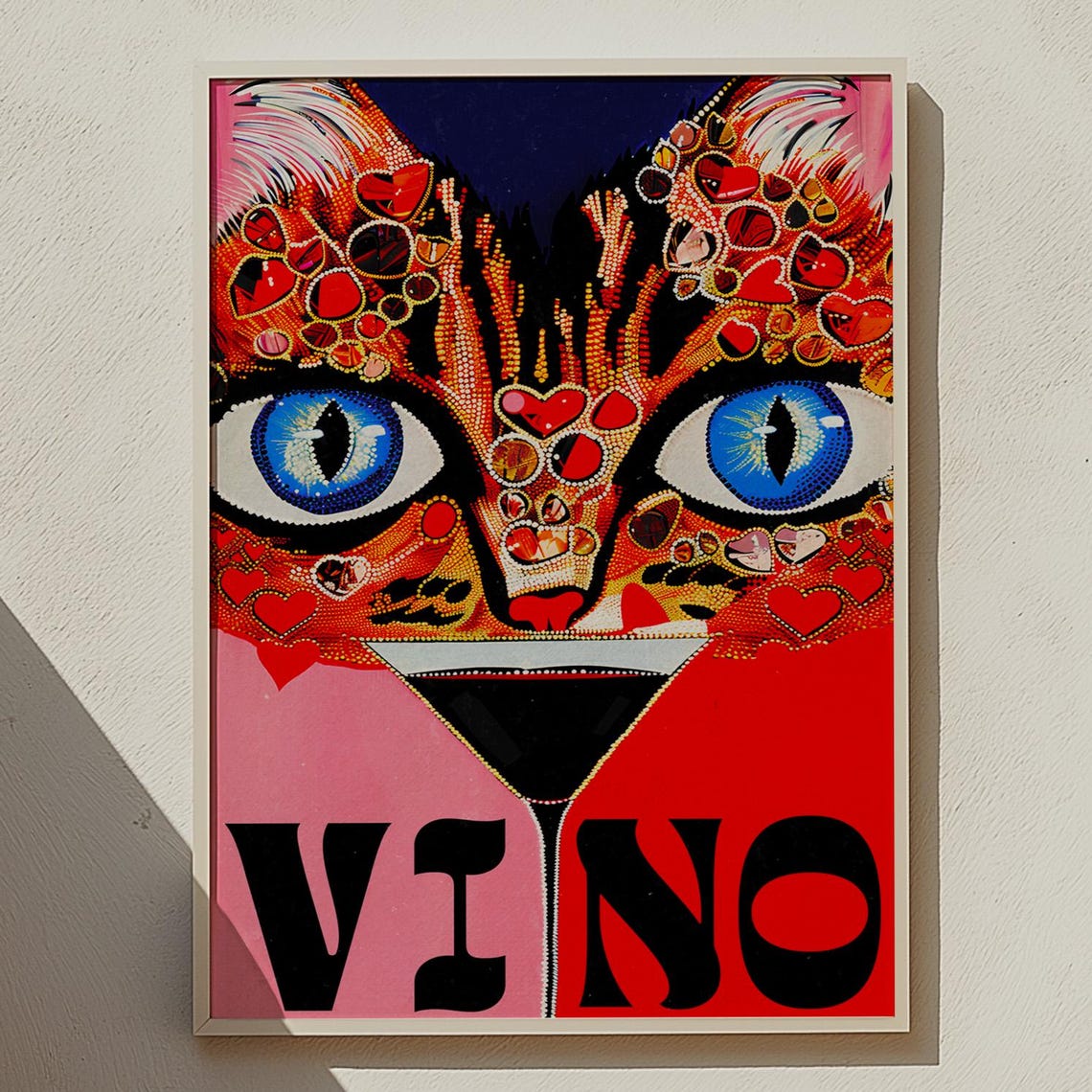 Vino Wine Cat Face Mosaic Hearts Colorful Retro Kitchen Wall Art