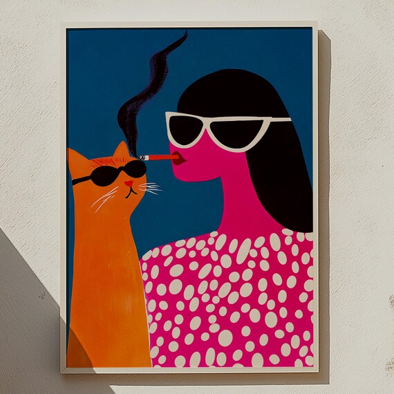 Bold Pop Art Woman And Orange Cat In Sunglasses Smoky Retro Poster