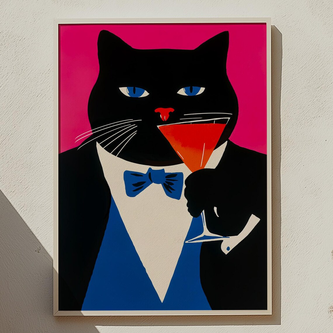Black Cat in Tuxedo Drinking Martini Funny Pop Art Cat Poster