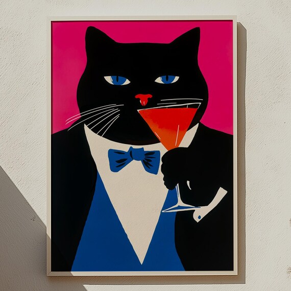 Black Cat in Tuxedo Drinking Martini Funny Pop Art Cat Poster