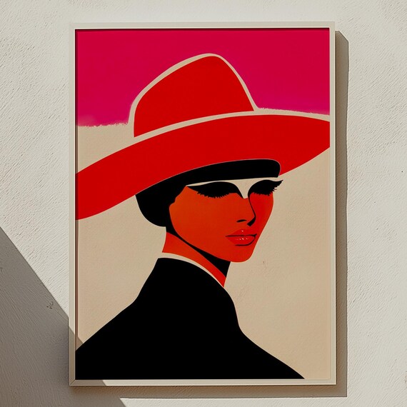 Retro Red Hat Lady Pop Art Fashion Portrait Modern Decor Wall Art