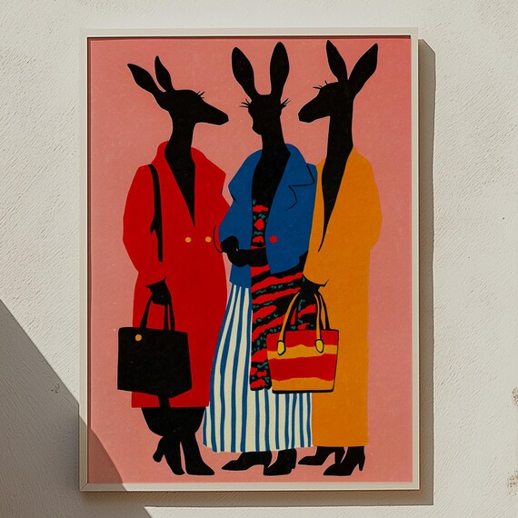 Fashionable Kangaroo Ladies Retro Coats Quirky Animal Wall Art