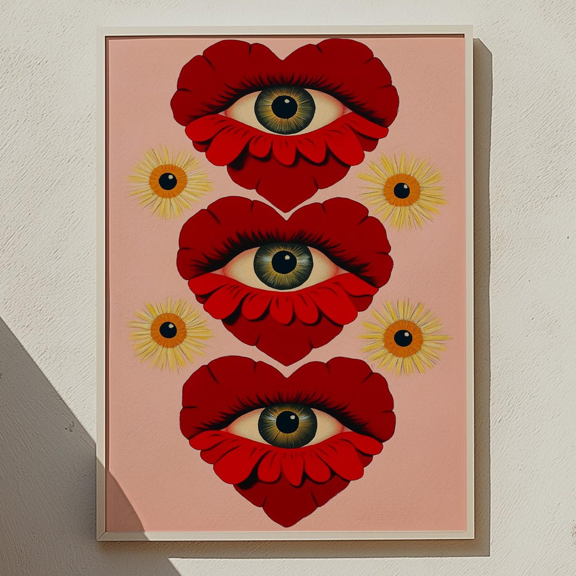 Triple Red Heart Lips Eye Surreal Blush Pink Maximalist Art Poster