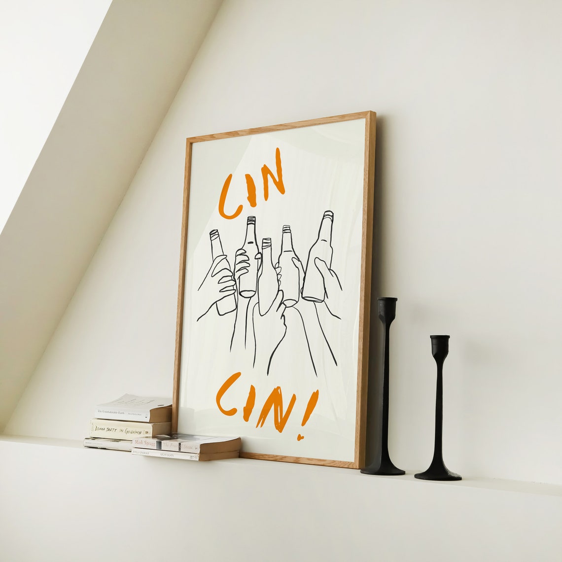 Cin Cin Cheers Beer Toast Orange Line Art Trendy Bar Cart Wall Poster - Image 3
