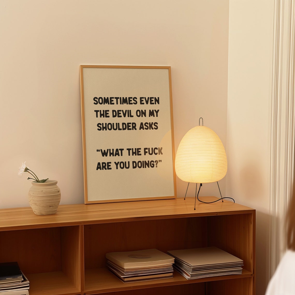 Devil On My Shoulder Funny Sweary Quote Black Cream Typography Poster - Image 3