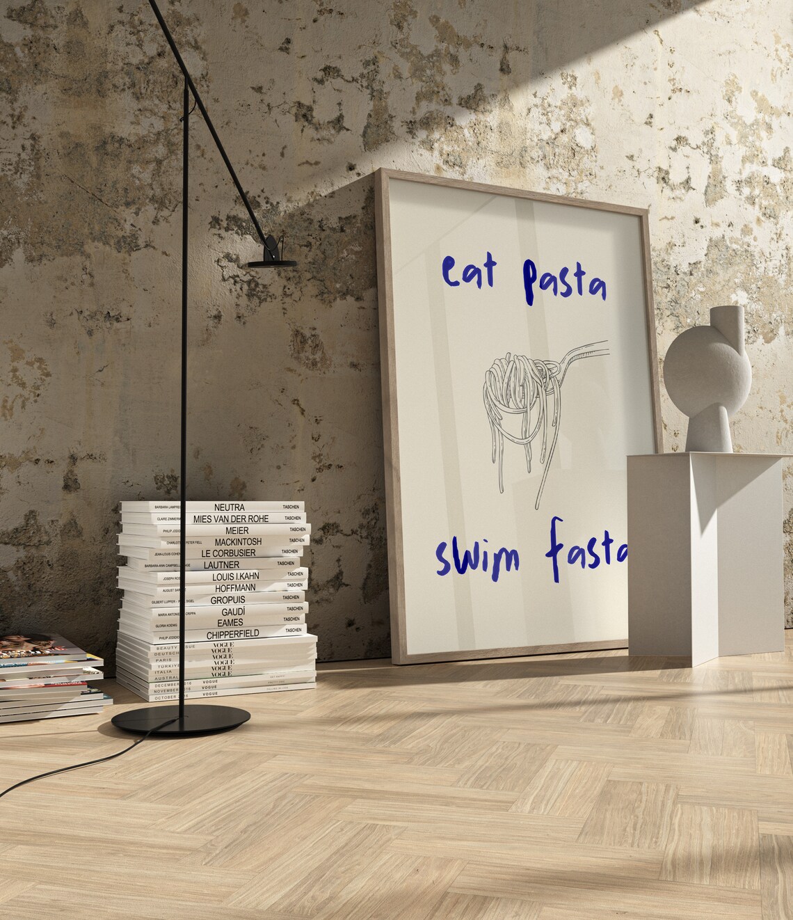 Eat Pasta Swim Fasta Poster Blue Spaghetti Illustration Funny Foodie - Image 2
