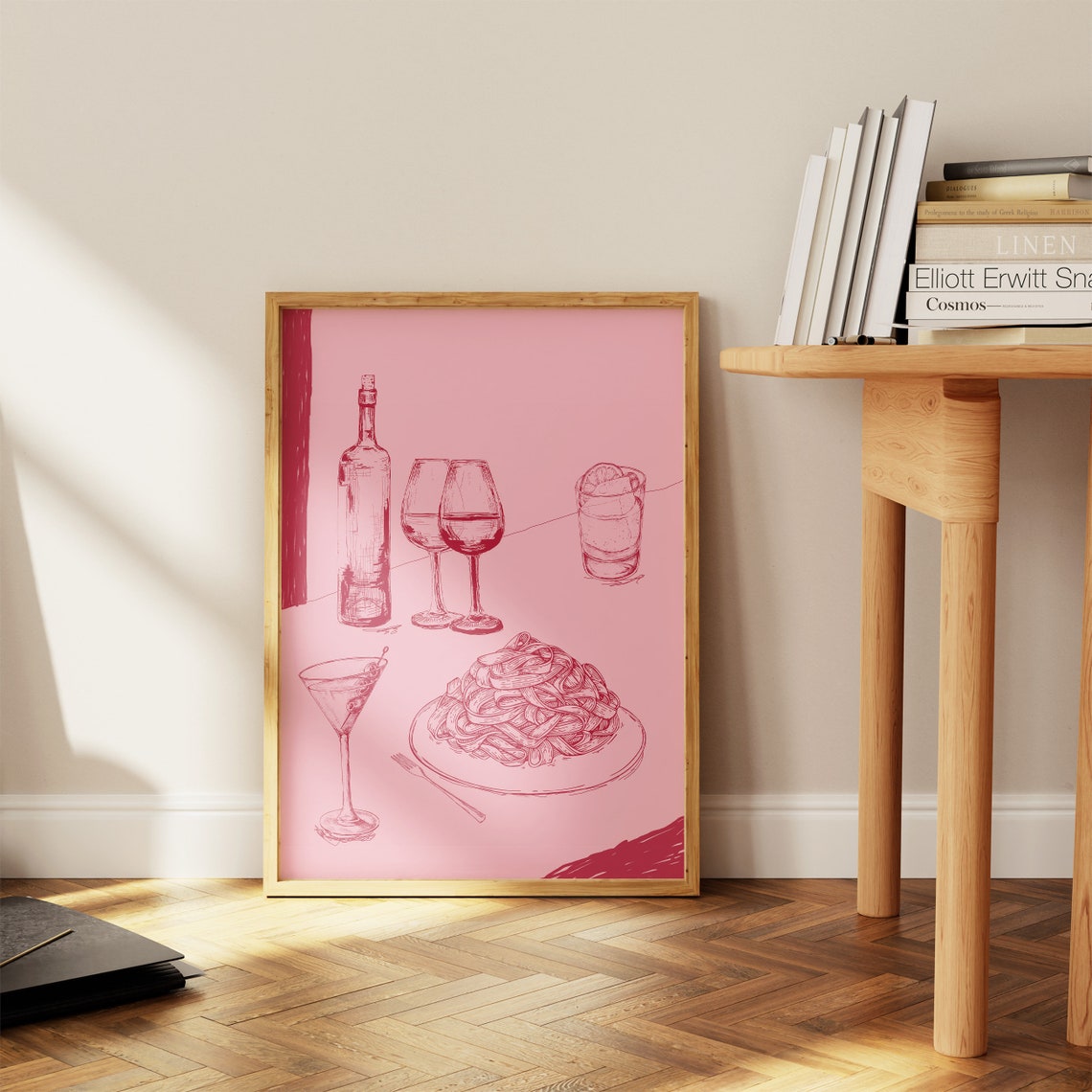 Wine Pasta Cocktail Line Art Pink Retro Chic Kitchen Bar Print - Image 2