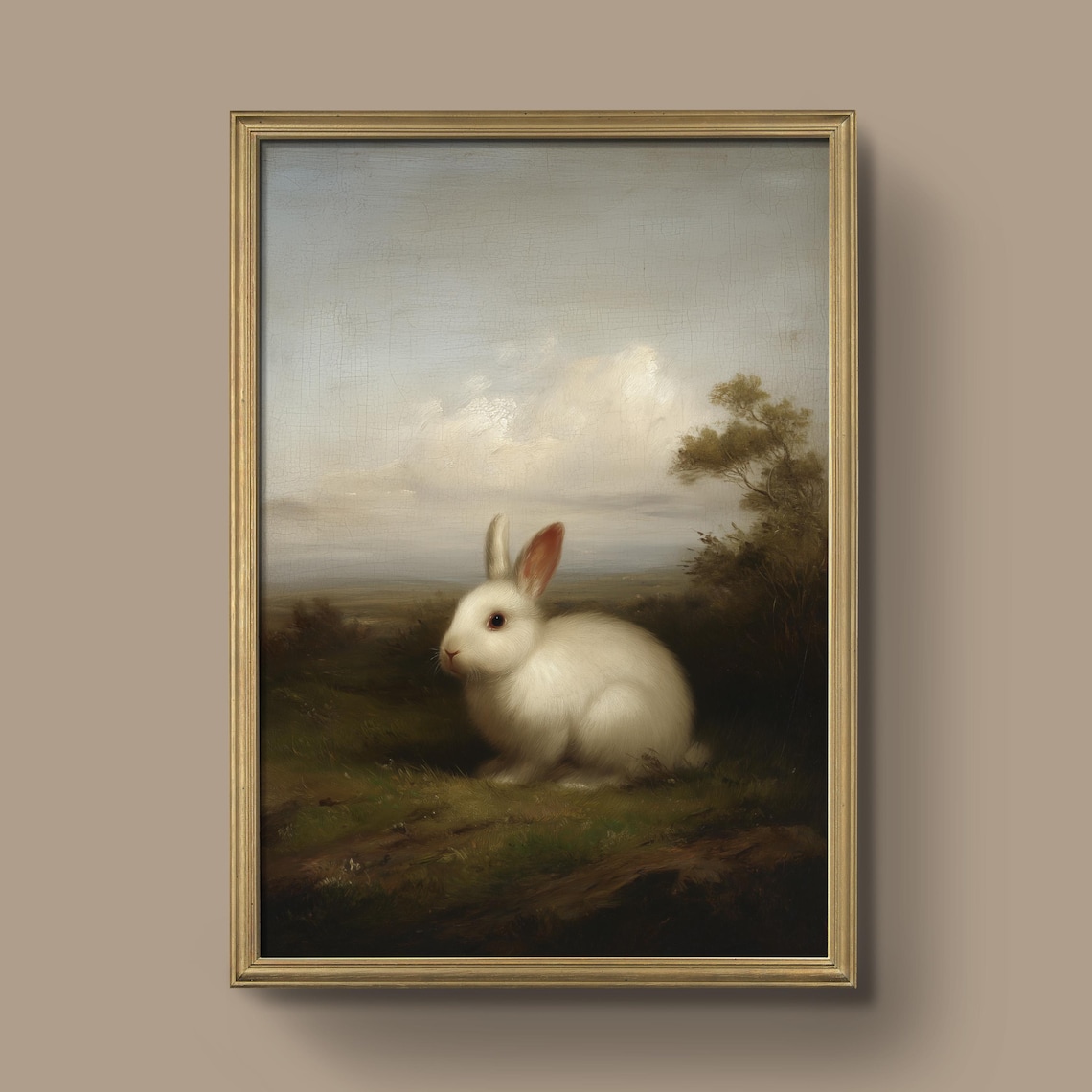 White Rabbit Vintage Oil Painting Countryside Meadow Art Poster