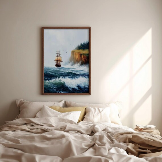 Vintage Tall Ship Sailing Past Dramatic Ocean Cliffs Maritime Poster
