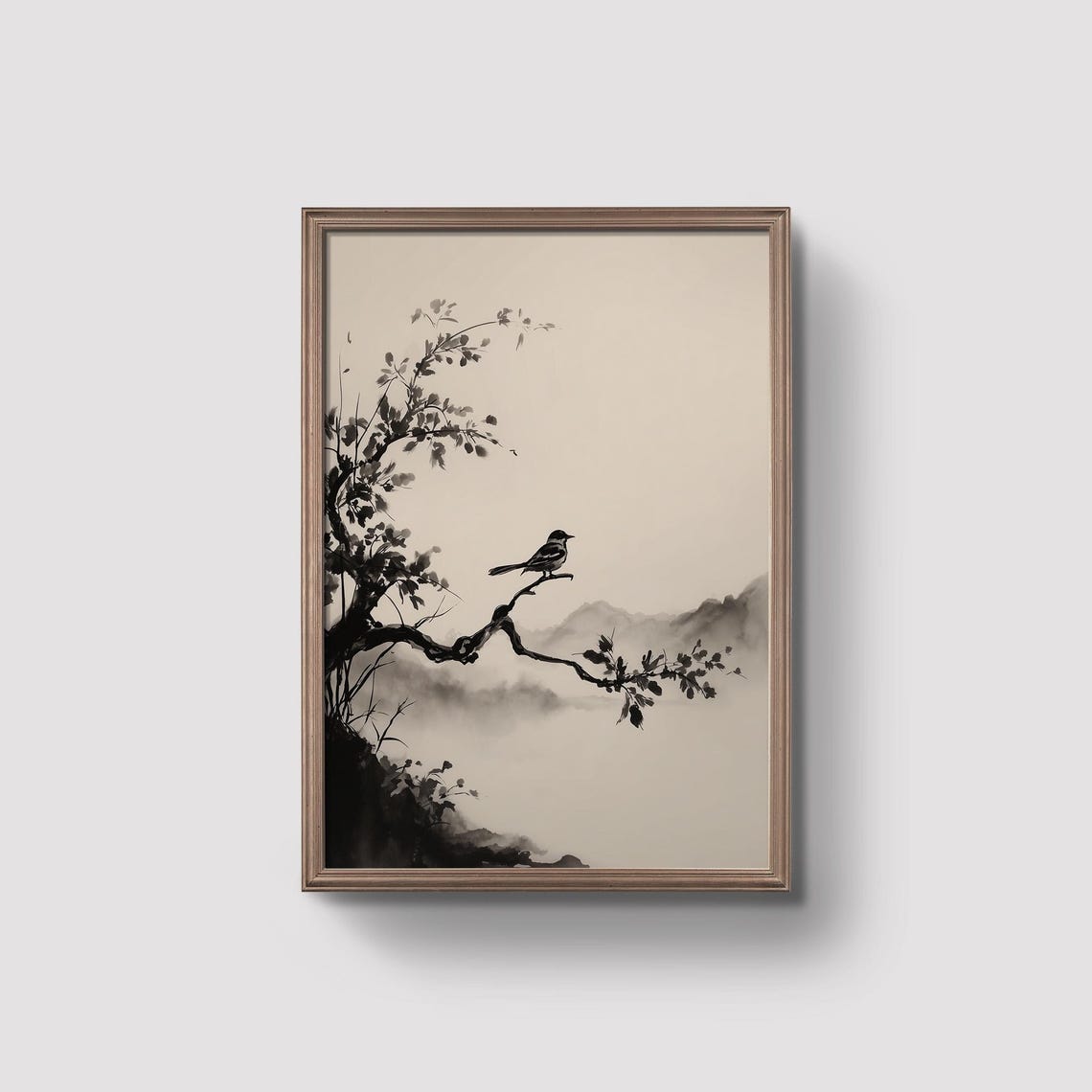 Bird On Branch Print Minimalist Nature Art Black White Poster Zen Wall Decor Simple Peaceful Prints