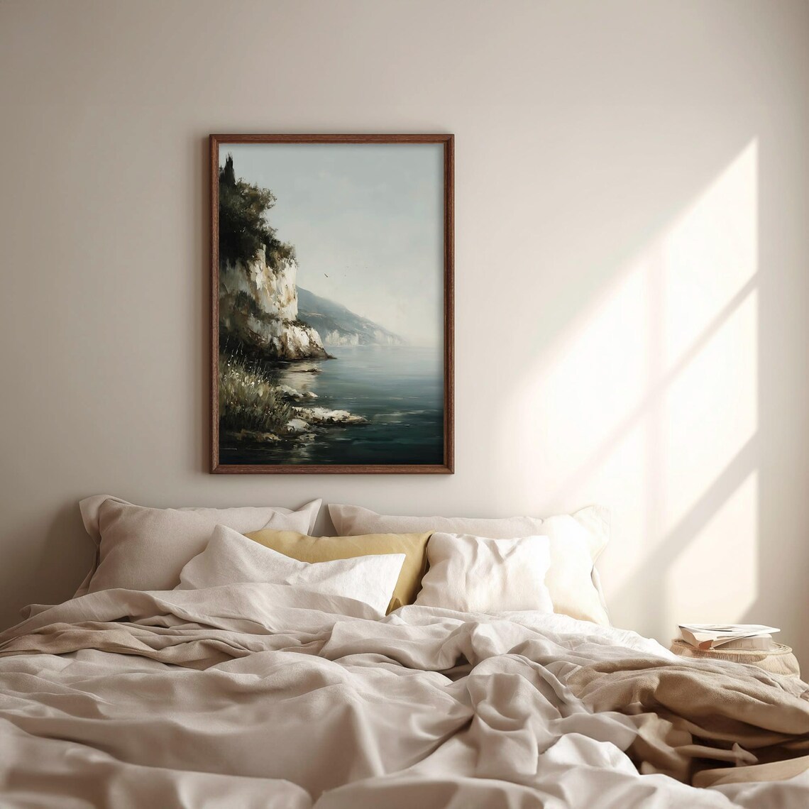 Vintage Coastal Cliff Seascape Neutral Ocean Landscape Wall Art