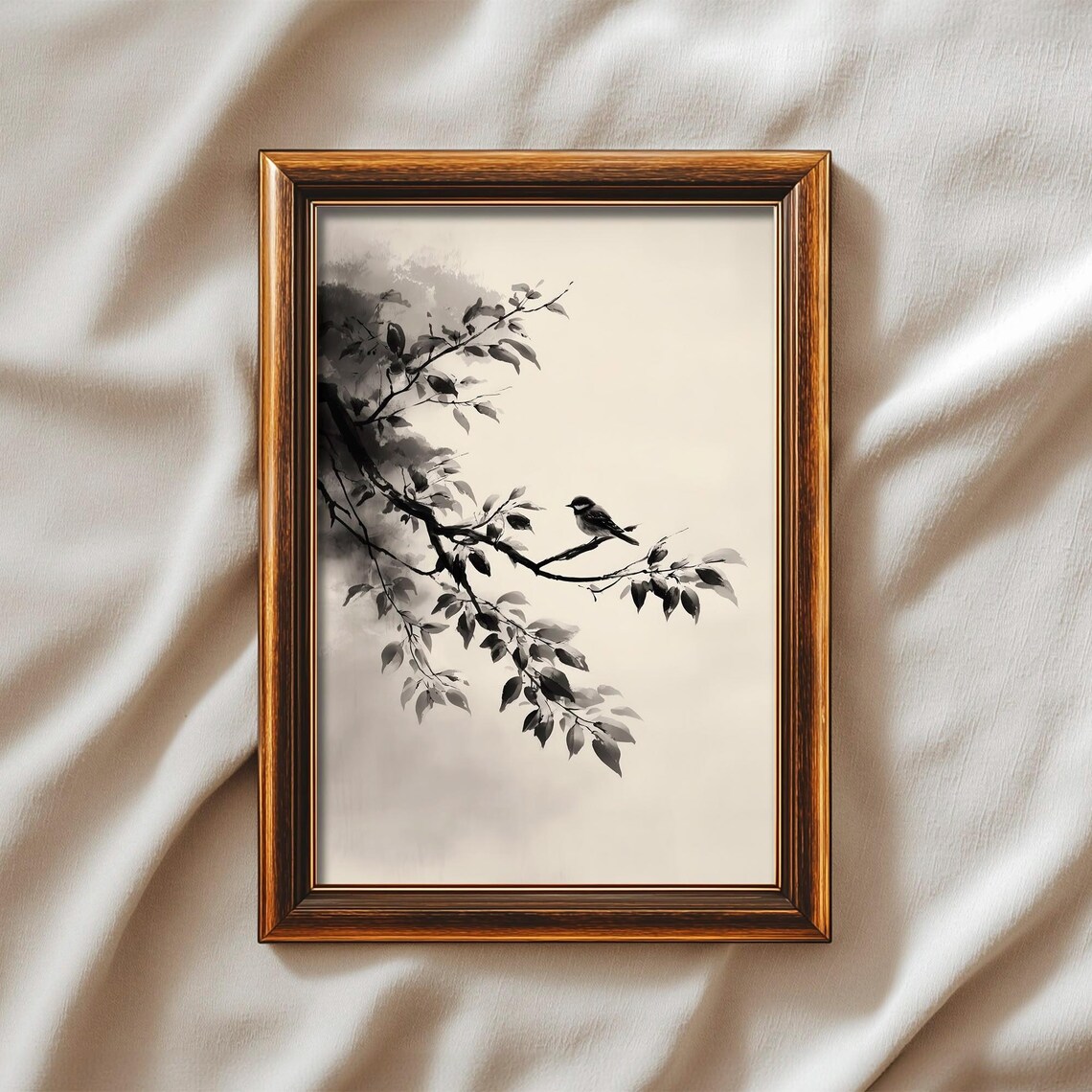 Bird On Branch Japanese Ink Wash Painting Zen Minimalist Wall Art