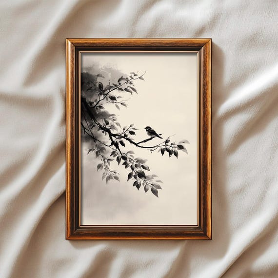 Bird On Branch Wall Art Japanese Ink Wash Painting Minimalist Animal Zen Home Decor Instant Prints