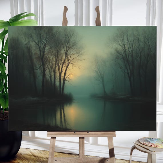 Vintage Twilight Trees Over Still Water Prints