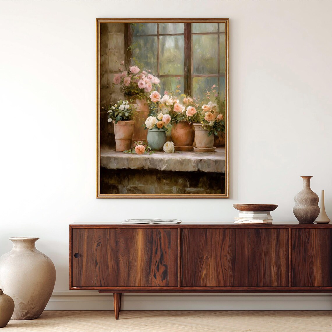 Pink Roses by a Stone Window Vintage Floral Still Life Poster