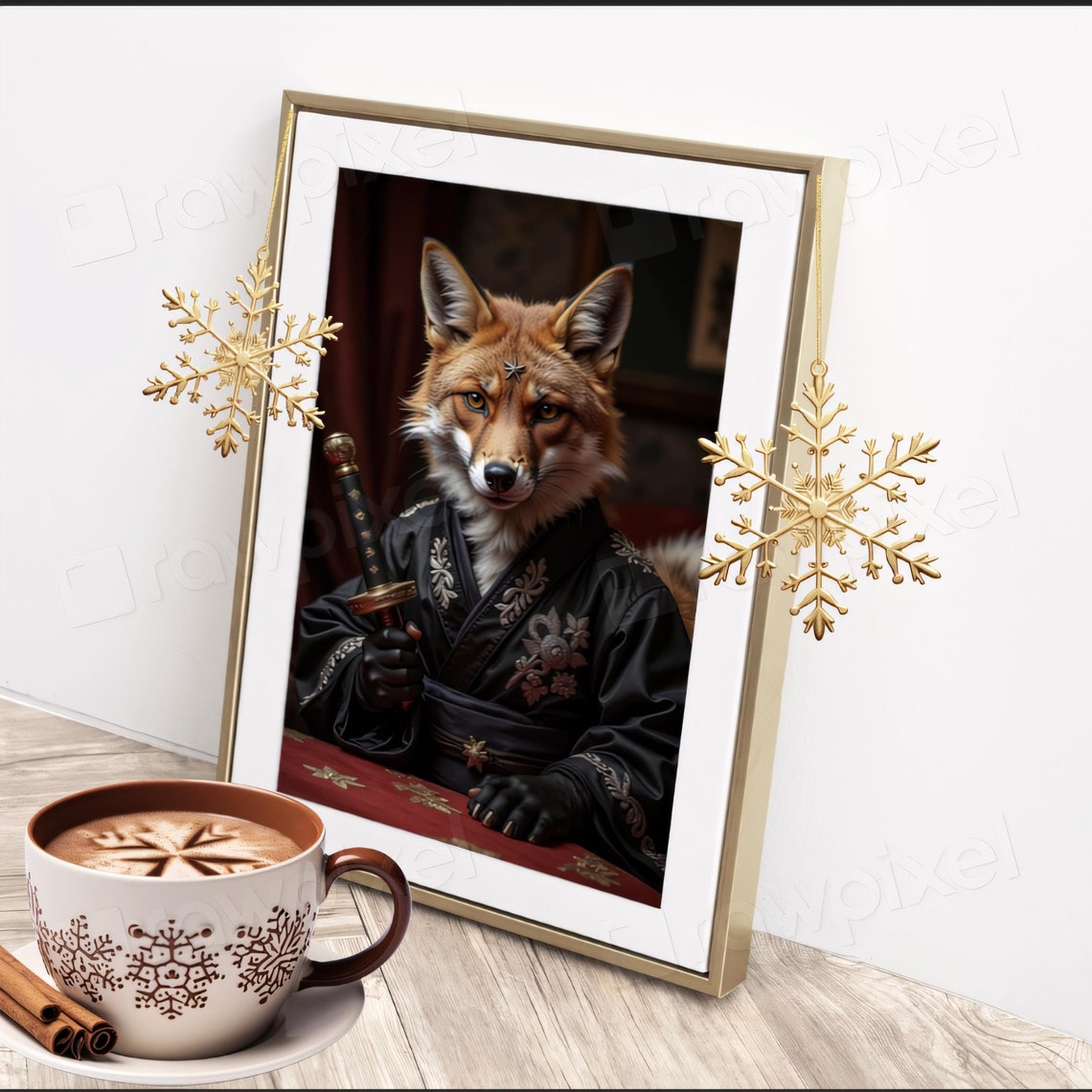 Dignified Red Fox Samurai in Black Kimono Holding Katana Poster