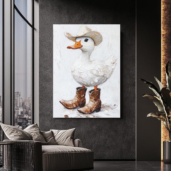 Cowboy Duck Canvas Art Funny Farmhouse Wall Print Rustic Western Animal Poster Country Artwork Quirky Barnyard Boho Decor