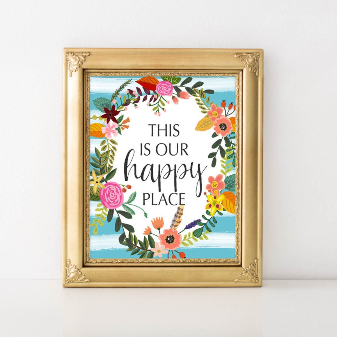 This Is Our Happy Place Floral Wreath Script Home Quote Poster