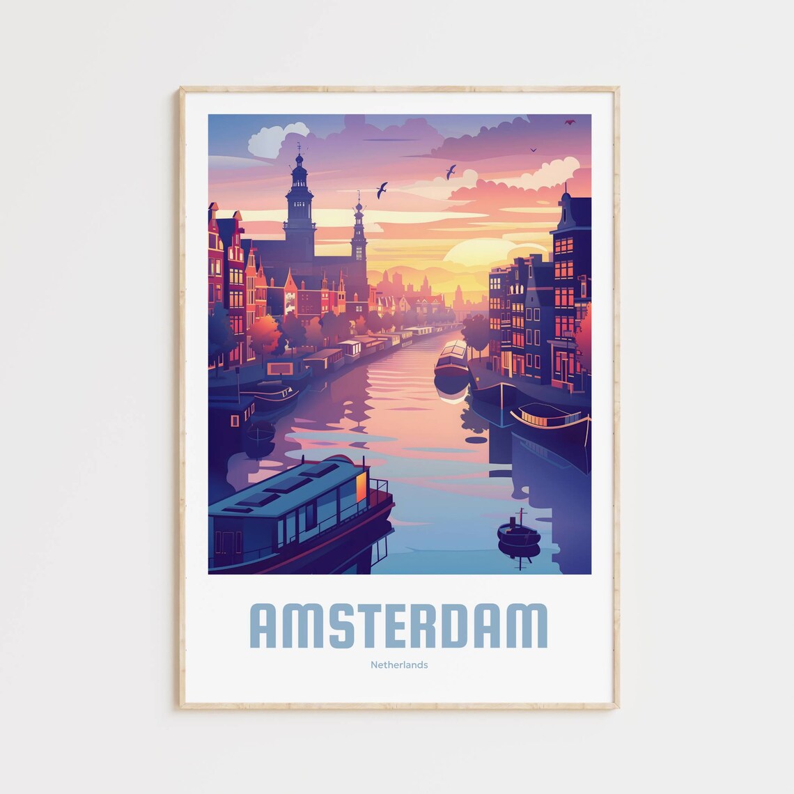 Amsterdam Netherlands Poster of Canals and Houseboats at Pink Sunset
