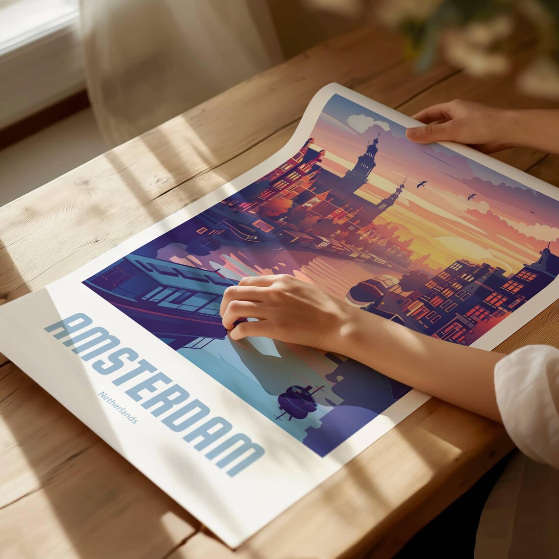 Amsterdam Netherlands Poster of Canals and Houseboats at Pink Sunset - Image 4