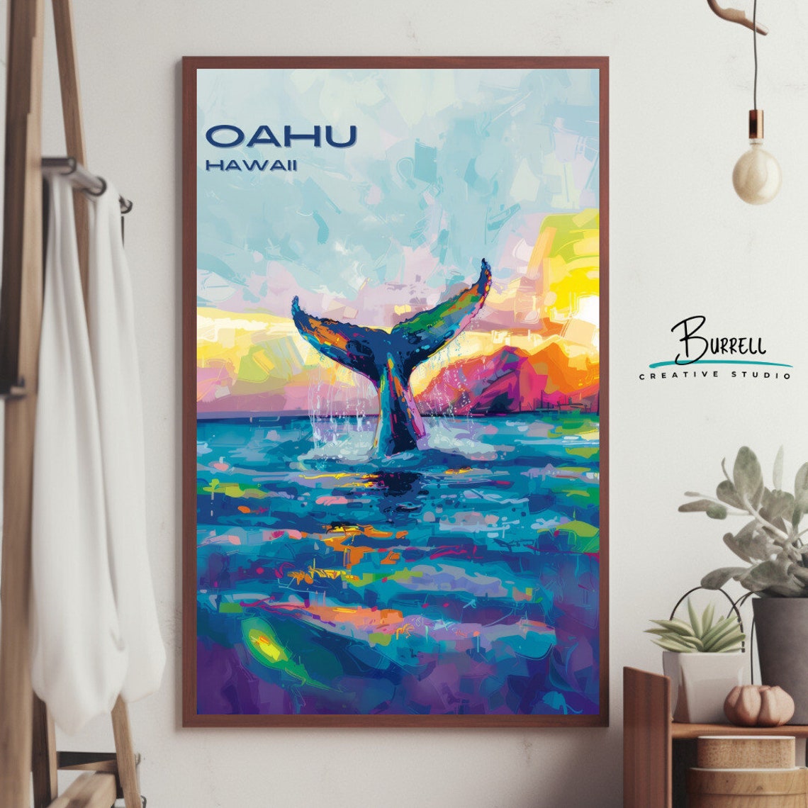 Oahu Hawaii Humpback Whale Fluke Breaching Sunset Waves Poster - Image 4
