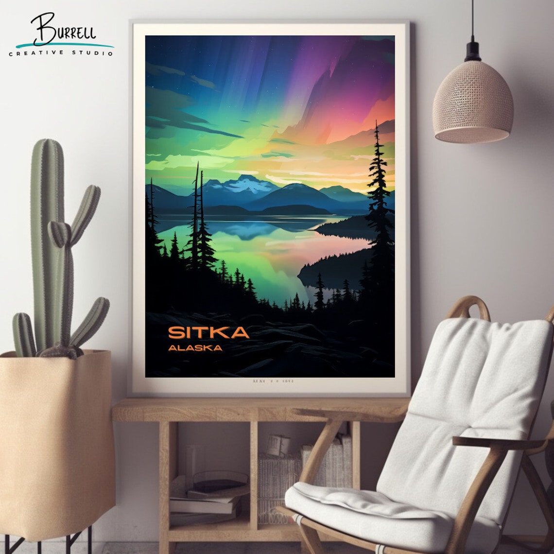 Sitka Alaska Northern Lights Fjord Spruce Silhouette Sky Poster - Image 2