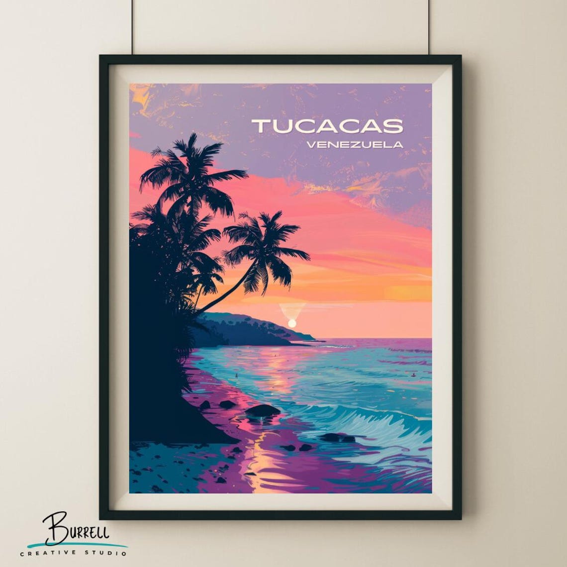 Tucacas Venezuela Beach Sunset Pink Sky Palm Trees Travel Poster