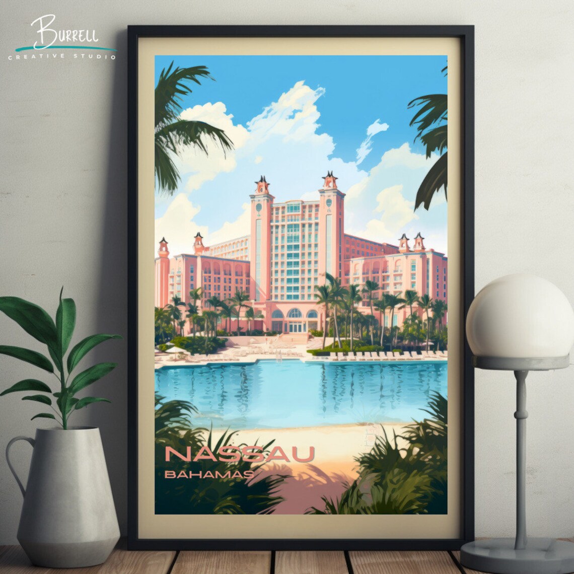 Nassau Bahamas Pink Resort Towers Lagoon Tropical Island Travel Poster - Image 5