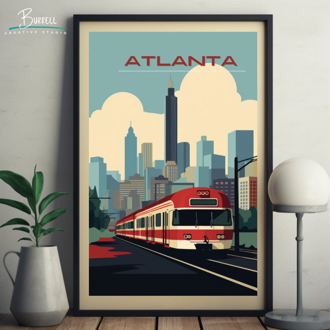 Atlanta Georgia Skyline Red Trolley Retro Illustration Travel Poster - Image 5