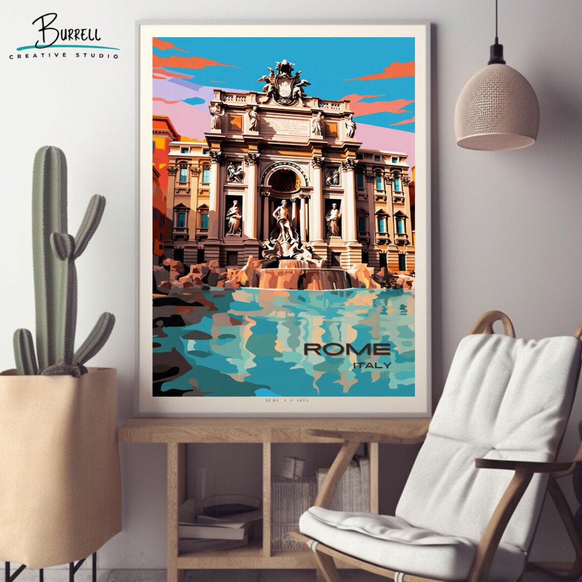 Rome Italy Trevi Fountain Illustrated Retro Landmark Travel Poster