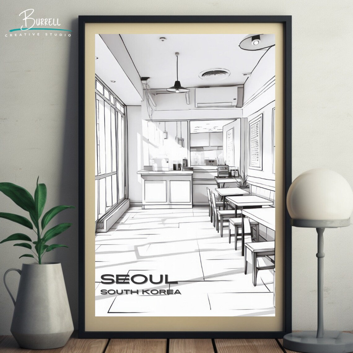 Seoul South Korea Minimalist Cafe Interior Line Art Sketch Poster - Image 5