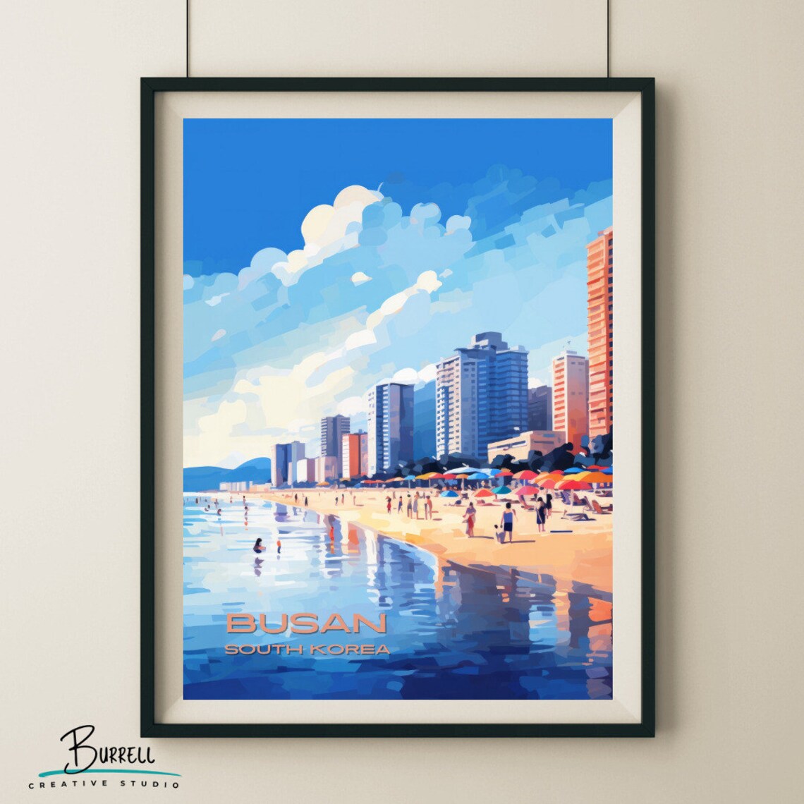 Busan South Korea Haeundae Beach Towers Crowded Sand Umbrellas Poster