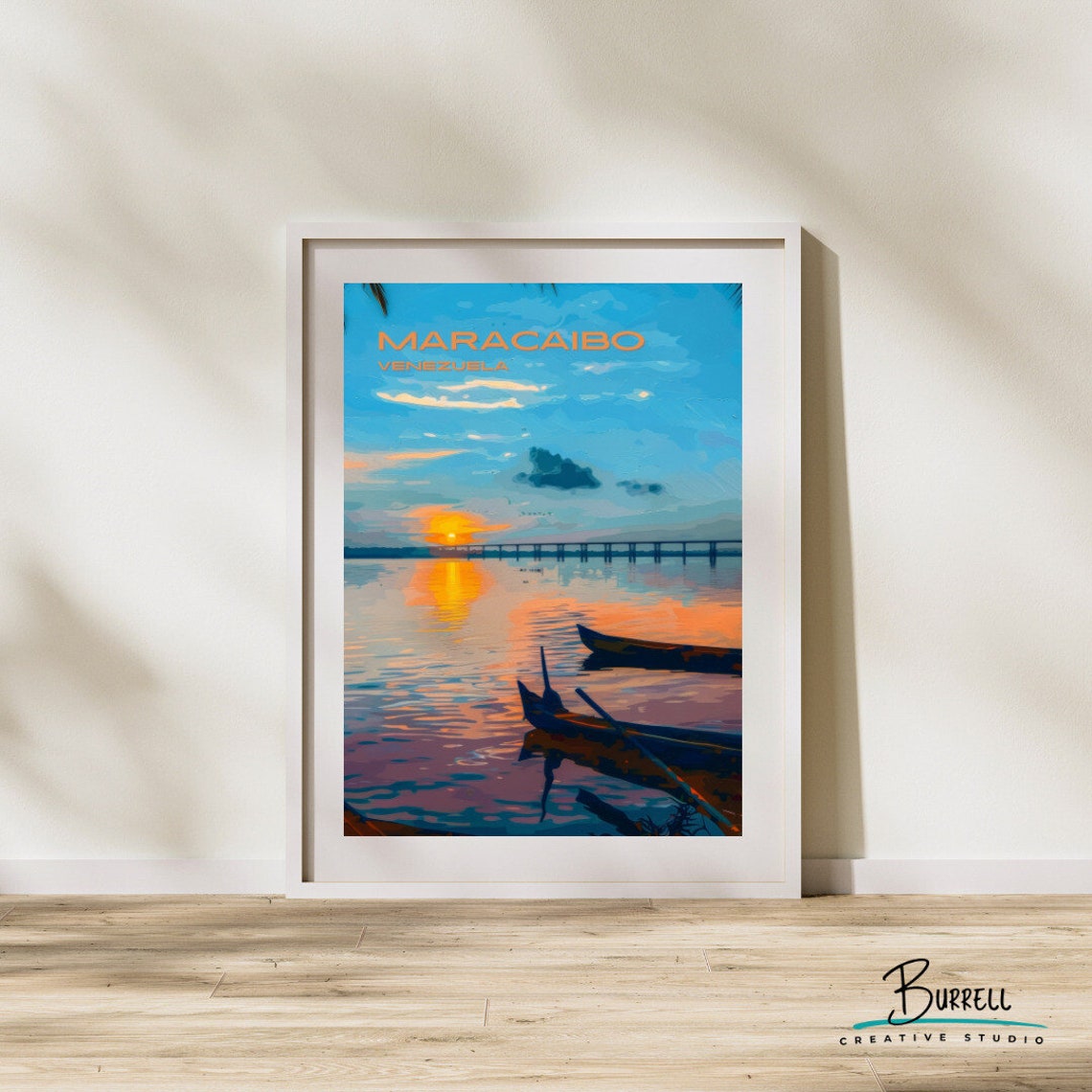 Maracaibo Venezuela Sunset Canoe Lake Bridge Colorful Travel Poster - Image 2