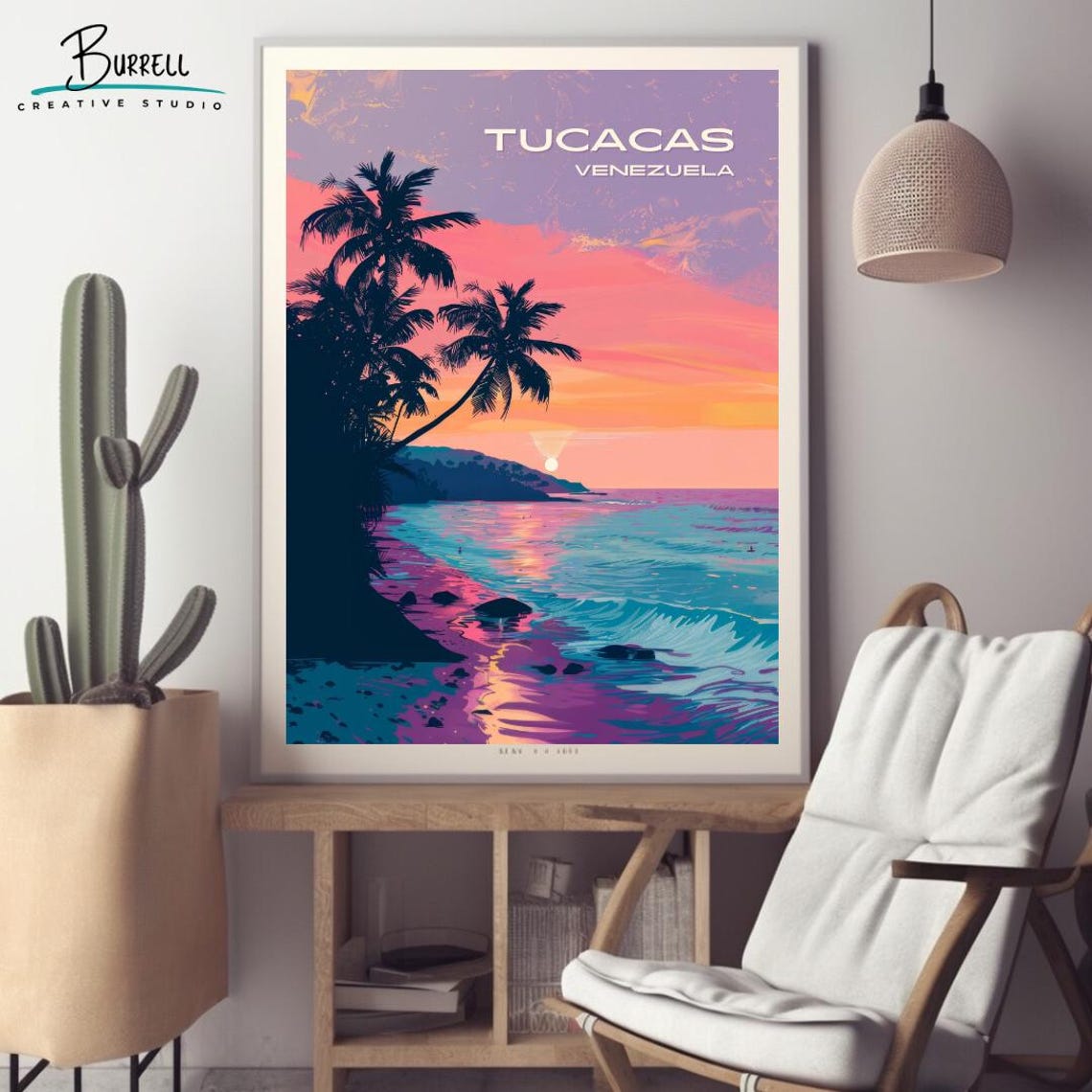 Tucacas Venezuela Beach Sunset Pink Sky Palm Trees Travel Poster - Image 2