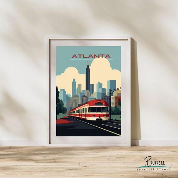 Atlanta Georgia Skyline Red Trolley Retro Illustration Travel Poster